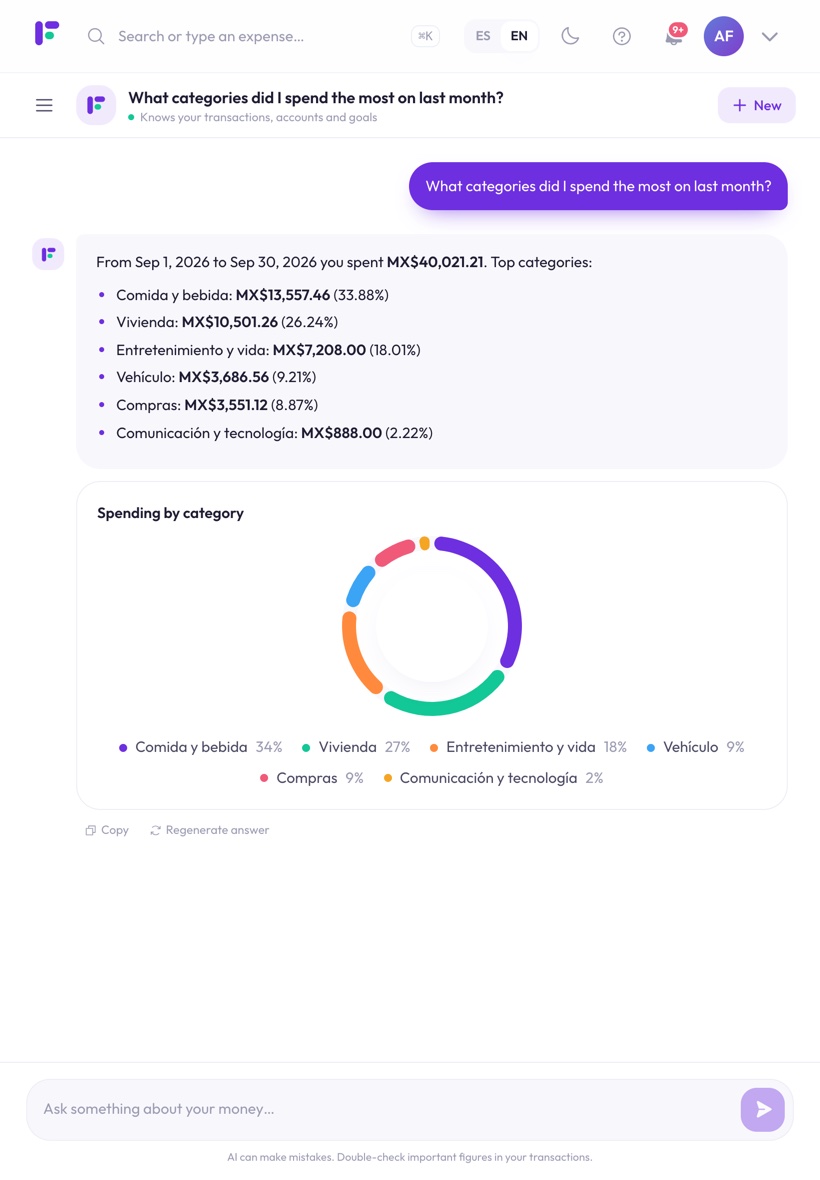Finantia AI assistant on a tablet answering which categories had the most spending last month, with a list and a donut chart
