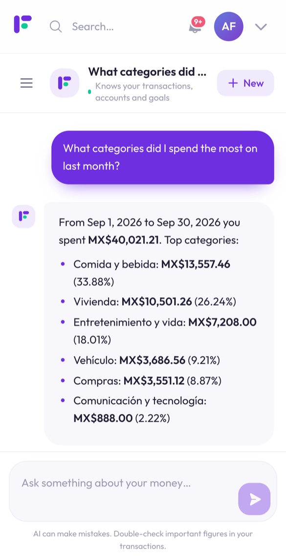 Finantia AI assistant on a phone answering which categories had the most spending last month