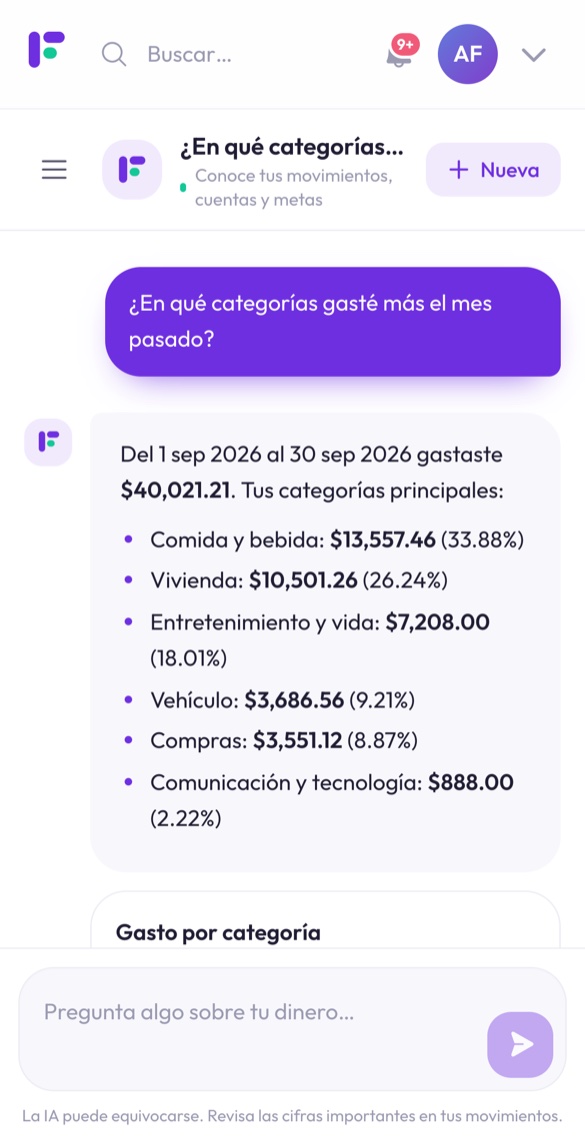 Asistente con IA de Finantia en el celular respondiendo en qué categorías se gastó más el mes pasado