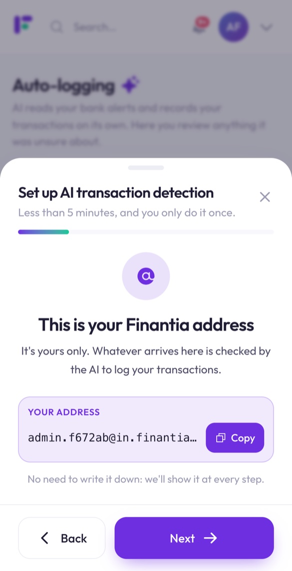 Finantia Auto-logging guide on a phone showing the unique address to forward bank alerts to