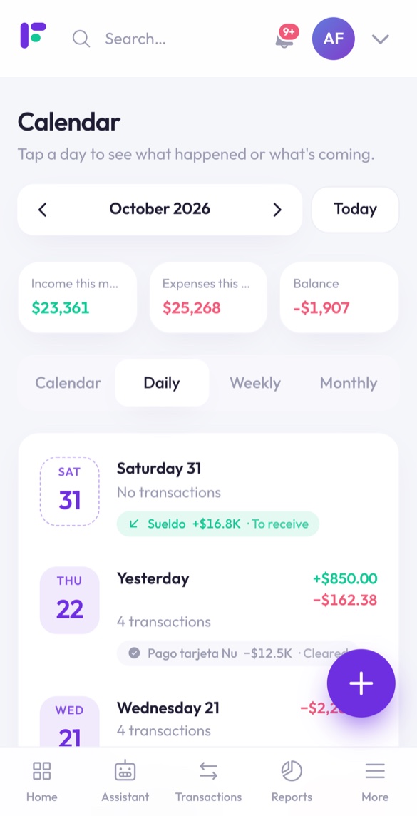 Finantia daily calendar view on a phone with date blocks and scheduled payments