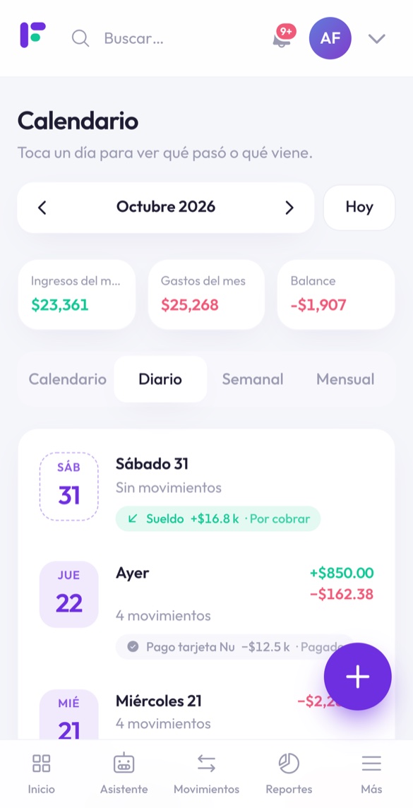 Vista diaria del calendario de Finantia en el celular con bloques de fecha y pagos programados