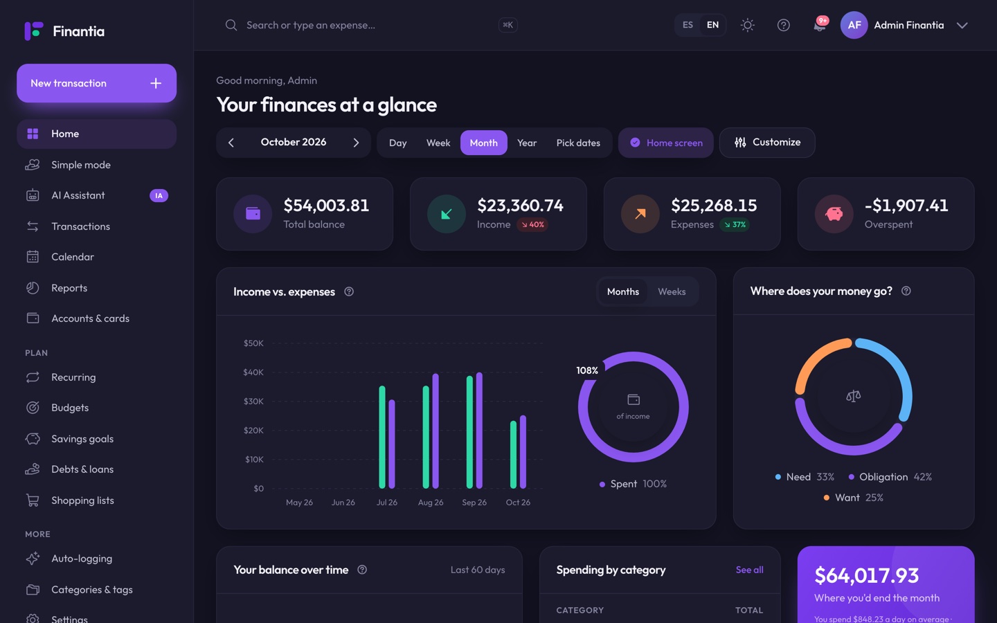 Finantia in dark mode showing the home dashboard