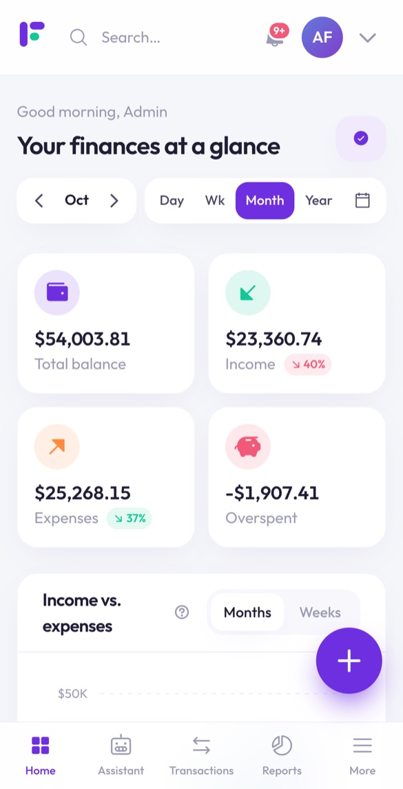 Finantia on a phone: monthly summary with balance, income and expenses