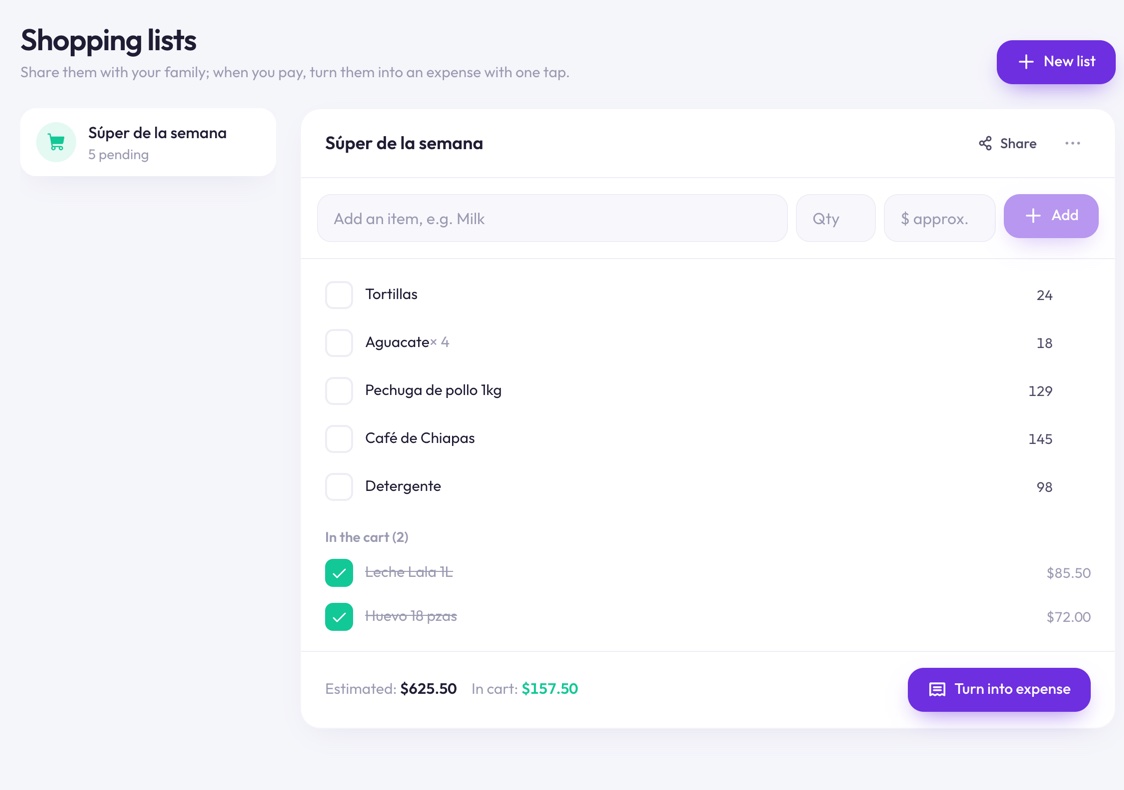 Shared shopping list in Finantia that turns into an expense with one tap