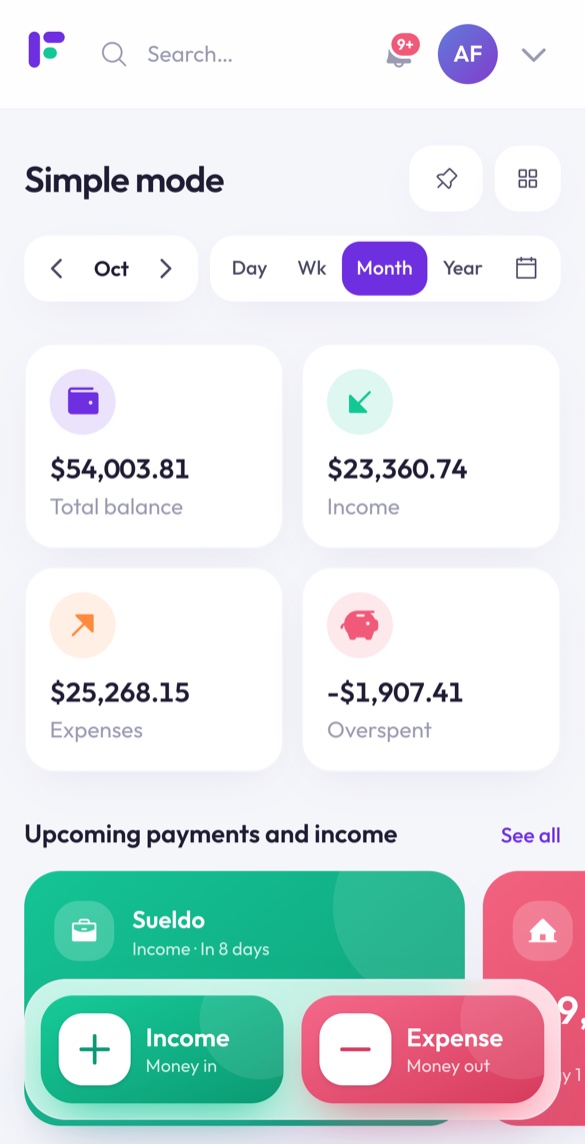 Finantia Simple mode on a phone: balance, spending, upcoming bills and big Income and Expense buttons