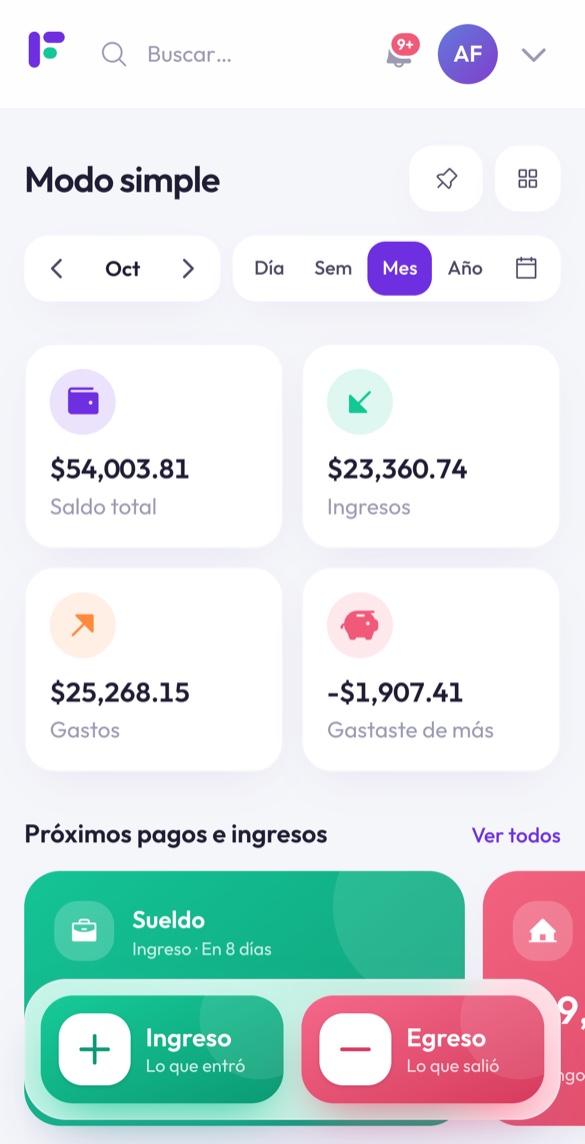 Modo simple de Finantia en el celular: saldo, gastos, próximos pagos y botones grandes de Ingreso y Egreso
