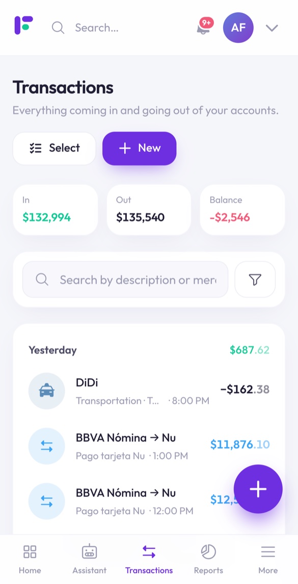 Finantia transactions list on a phone with categories and amounts